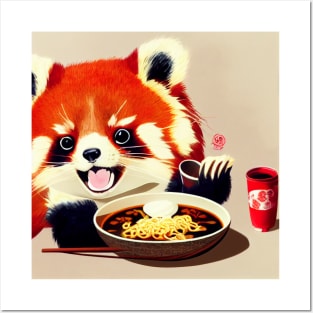 Kawaii Red Panda Eating Ramen Posters and Art